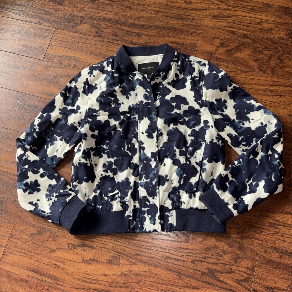Banana Republic Full Zip Jacket Women Blue Floral Bomber jacket Small